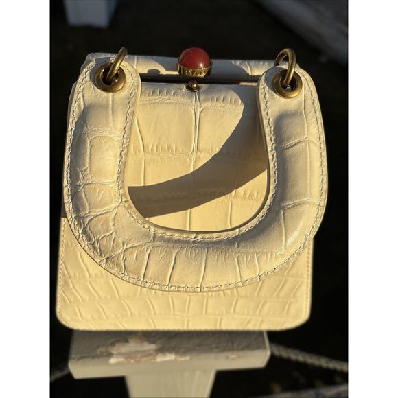 Staud Bag Kenny Cream Trapezoid Handbag Croc Embossed Leather Top Handle 6.5” - Picture 12 of 13